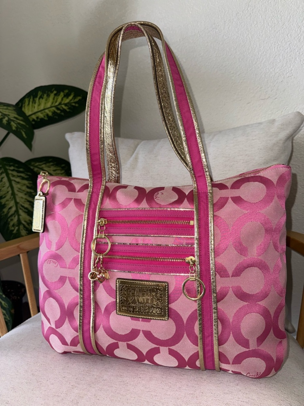 Y2K Coach Poppy Op Art Pink Signature Jacquard Tote Shoulder Bag Purse #13826 - Picture 3 of 17